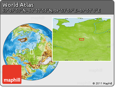 Physical Location Map of the Area around 64° 0' 52" N, 49° 22' 30" E