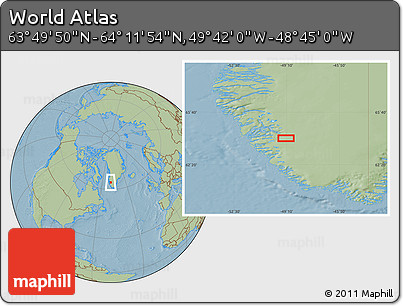 Savanna Style Location Map of the Area around 64° 0' 52" N, 49° 13' 30" W, hill shading