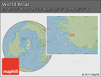 Savanna Style Location Map of the Area around 64° 0' 52" N, 49° 13' 30" W, hill shading