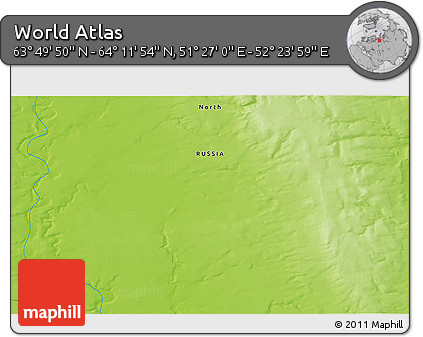 Physical 3D Map of the Area around 64° 0' 52" N, 51° 55' 29" E