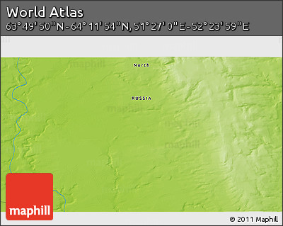 Physical 3D Map of the Area around 64° 0' 52" N, 51° 55' 29" E