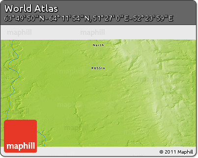 Physical 3D Map of the Area around 64° 0' 52" N, 51° 55' 29" E