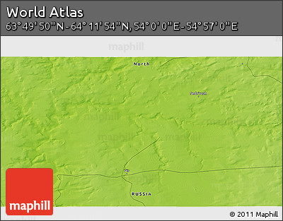 Physical 3D Map of the Area around 64° 0' 52" N, 54° 28' 30" E