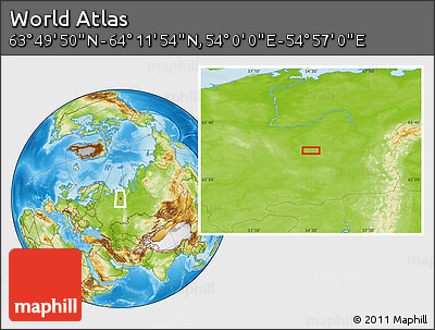 Physical Location Map of the Area around 64° 0' 52" N, 54° 28' 30" E