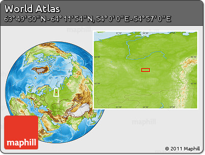 Physical Location Map of the Area around 64° 0' 52" N, 54° 28' 30" E