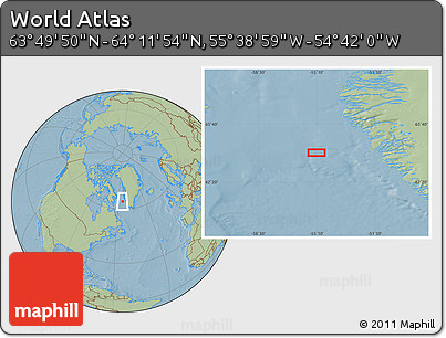 Savanna Style Location Map of the Area around 64° 0' 52" N, 55° 10' 29" W, hill shading