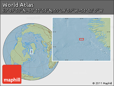 Savanna Style Location Map of the Area around 64° 0' 52" N, 55° 10' 29" W, hill shading