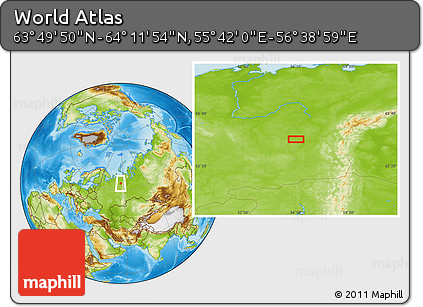 Physical Location Map of the Area around 64° 0' 52" N, 56° 10' 29" E
