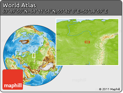 Physical Location Map of the Area around 64° 0' 52" N, 56° 10' 29" E