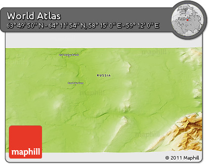 Physical 3D Map of the Area around 64° 0' 52" N, 58° 43' 30" E
