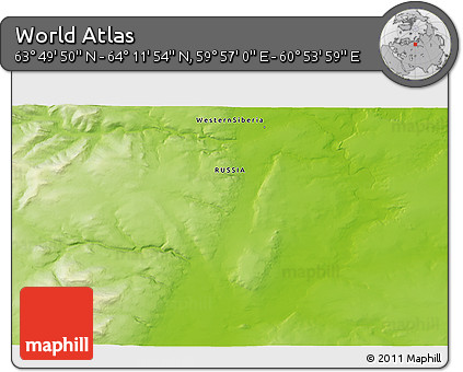 Physical 3D Map of the Area around 64° 0' 52" N, 60° 25' 29" E