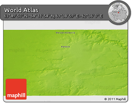 Physical 3D Map of the Area around 64° 0' 52" N, 62° 7' 30" E