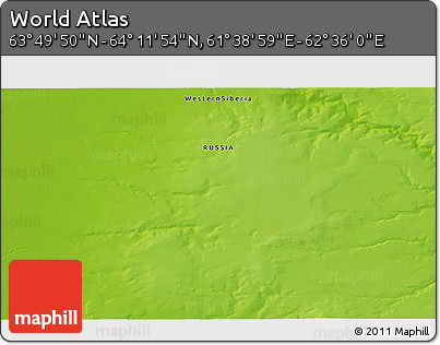 Physical 3D Map of the Area around 64° 0' 52" N, 62° 7' 30" E