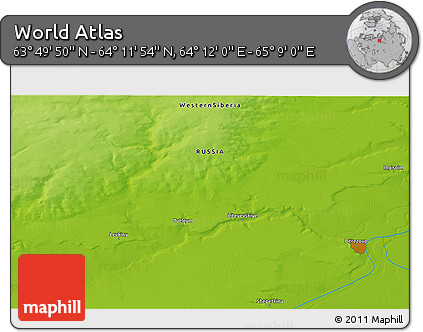 Physical 3D Map of the Area around 64° 0' 52" N, 64° 40' 30" E