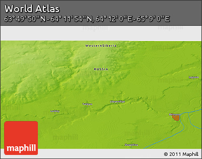 Physical 3D Map of the Area around 64° 0' 52" N, 64° 40' 30" E