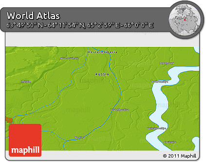 Physical 3D Map of the Area around 64° 0' 52" N, 65° 31' 30" E