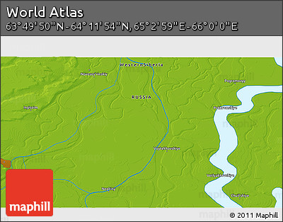 Physical 3D Map of the Area around 64° 0' 52" N, 65° 31' 30" E