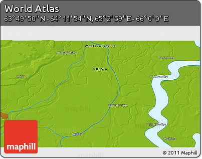 Physical 3D Map of the Area around 64° 0' 52" N, 65° 31' 30" E