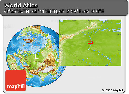 Physical Location Map of the Area around 64° 0' 52" N, 65° 31' 30" E