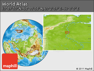 Physical Location Map of the Area around 64° 0' 52" N, 65° 31' 30" E