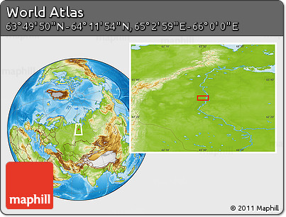 Physical Location Map of the Area around 64° 0' 52" N, 65° 31' 30" E