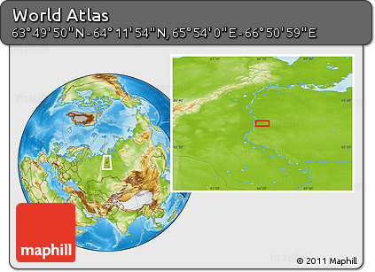 Physical Location Map of the Area around 64° 0' 52" N, 66° 22' 30" E