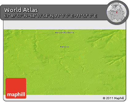 Physical 3D Map of the Area around 64° 0' 52" N, 71° 28' 29" E