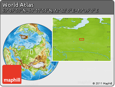Physical Location Map of the Area around 64° 0' 52" N, 73° 10' 30" E