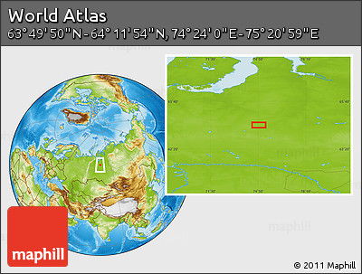 Physical Location Map of the Area around 64° 0' 52" N, 74° 52' 30" E