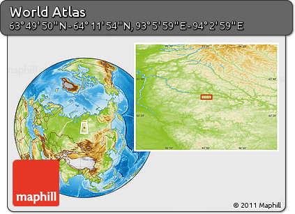 Physical Location Map of the Area around 64° 0' 52" N, 93° 34' 29" E
