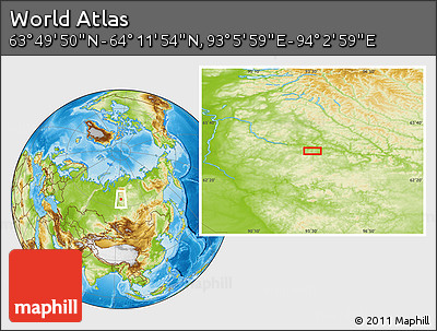 Physical Location Map of the Area around 64° 0' 52" N, 93° 34' 29" E