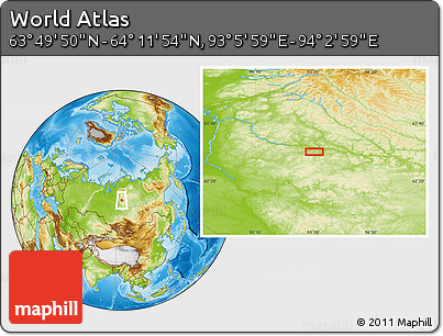 Physical Location Map of the Area around 64° 0' 52" N, 93° 34' 29" E