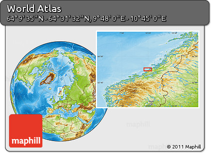 Physical Location Map of the Area around 64° 20' 33" N, 10° 16' 30" E
