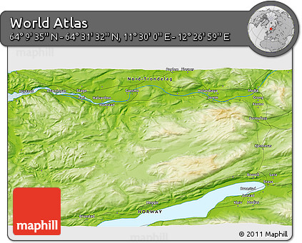 Physical 3D Map of the Area around 64° 20' 33" N, 11° 58' 29" E