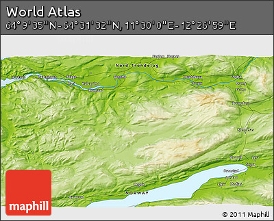 Physical 3D Map of the Area around 64° 20' 33" N, 11° 58' 29" E