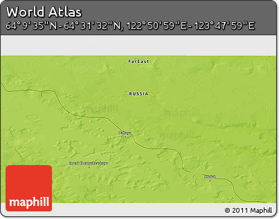 Physical 3D Map of the Area around 64° 20' 33" N, 123° 19' 29" E