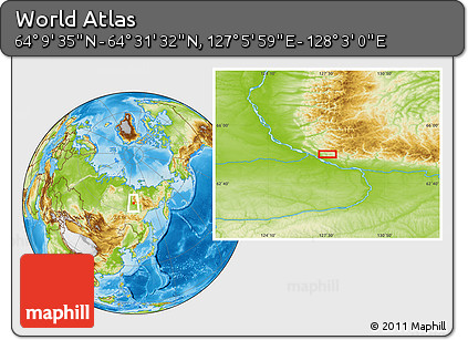 Physical Location Map of the Area around 64° 20' 33" N, 127° 34' 30" E