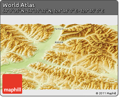 Physical 3D Map of the Area around 64° 20' 33" N, 129° 16' 30" E