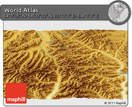 Physical 3D Map of the Area around 64° 20' 33" N, 133° 31' 30" E