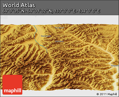 Physical 3D Map of the Area around 64° 20' 33" N, 133° 31' 30" E