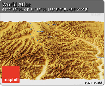 Physical 3D Map of the Area around 64° 20' 33" N, 133° 31' 30" E