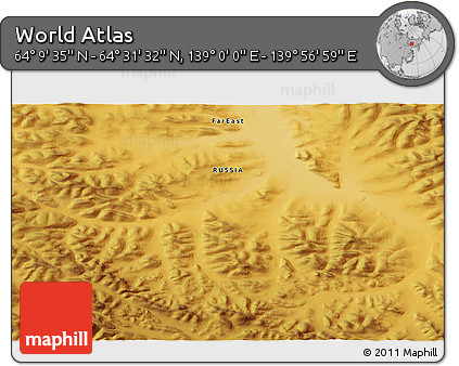 Physical 3D Map of the Area around 64° 20' 33" N, 139° 28' 29" E