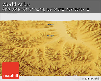 Physical 3D Map of the Area around 64° 20' 33" N, 139° 28' 29" E