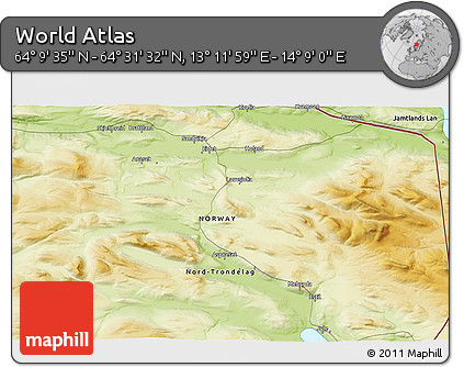 Physical 3D Map of the Area around 64° 20' 33" N, 13° 40' 30" E