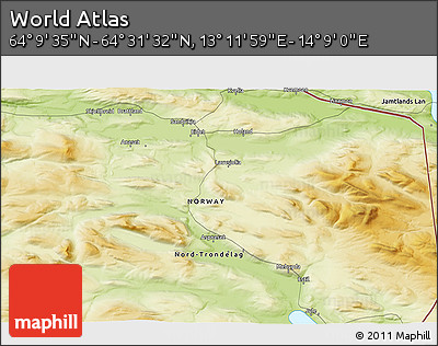 Physical 3D Map of the Area around 64° 20' 33" N, 13° 40' 30" E