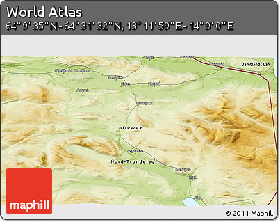 Physical 3D Map of the Area around 64° 20' 33" N, 13° 40' 30" E