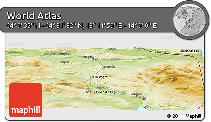 Physical Panoramic Map of the Area around 64° 20' 33" N, 13° 40' 30" E