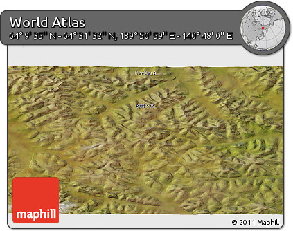 Satellite 3D Map of the Area around 64° 20' 33" N, 140° 19' 29" E