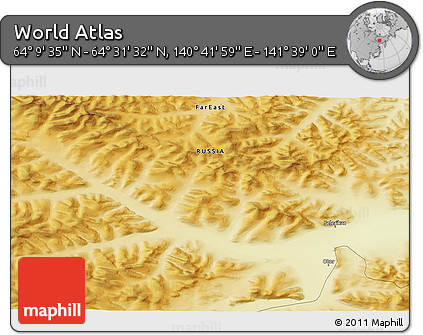 Physical 3D Map of the Area around 64° 20' 33" N, 141° 10' 30" E