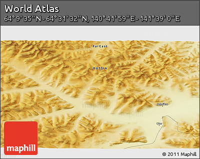 Physical 3D Map of the Area around 64° 20' 33" N, 141° 10' 30" E